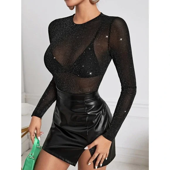 Long sleeve Glitter Sheer Mesh Top Without Bra black - Picture 3 of 5